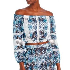 Ramy Brook Women's AIYANA Lace Ribbon Off The Shoulder Top S NWT 298 BLUE